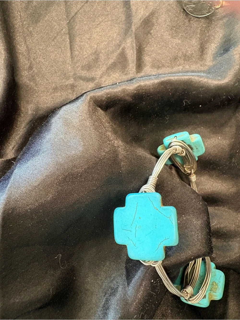 Blue Turquoise Stone & coin wire-Wrap Bangle Bracelet. Both included-one price